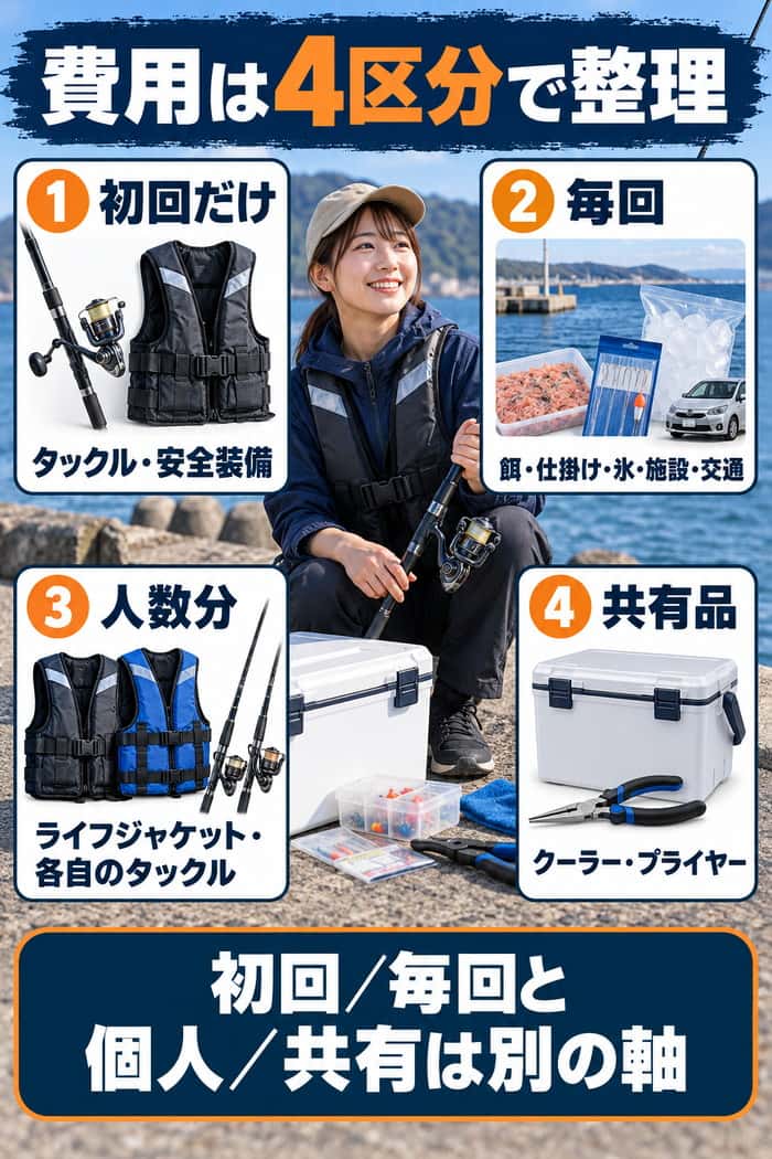 海釣り費用の4区分。初回、毎回、人数分、共有品に分け、支払時期と個人用・共有用を別の軸で整理する。
