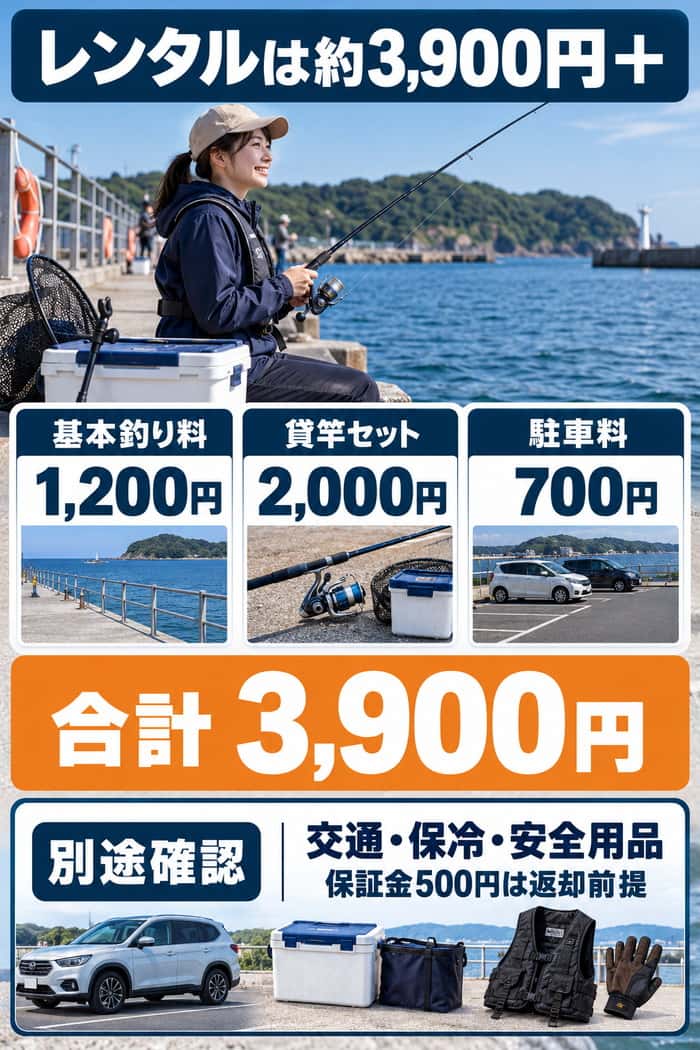 レンタルプランの施設例。基本釣り料1,200円、貸竿2,000円、駐車700円の合計3,900円と、別途必要な費用を示す。
