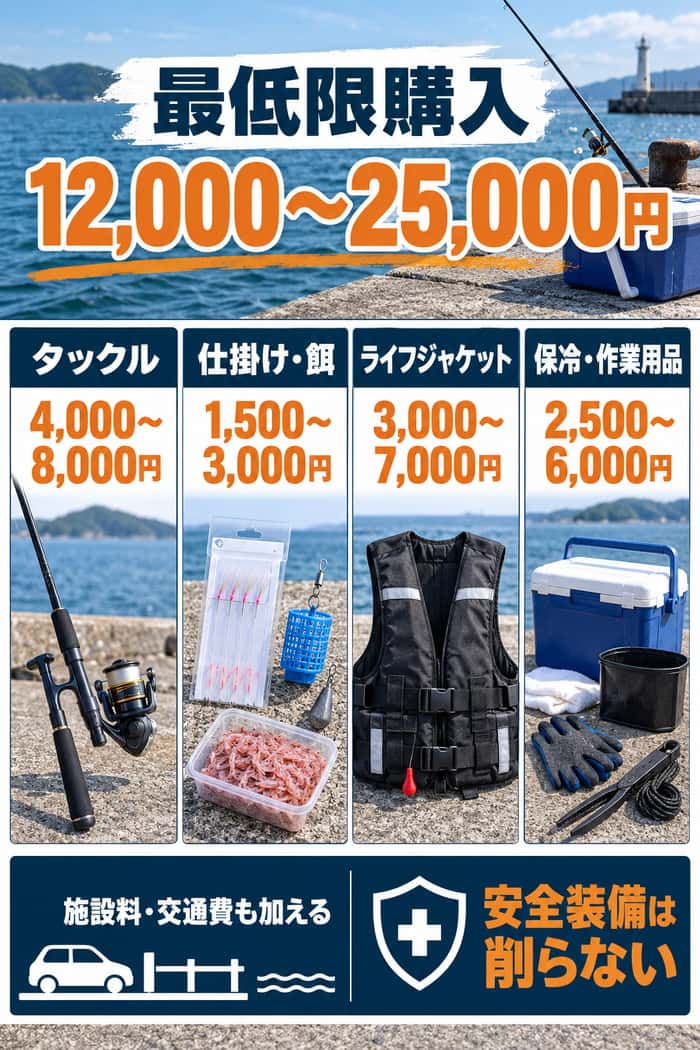 最低限購入プランの予算配分。タックル、仕掛け・餌、ライフジャケット、保冷・作業用品の計画枠と安全装備を削らない原則を示す。