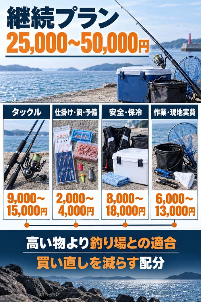 継続プランの予算配分。タックル、仕掛け、安全・保冷、作業・現地費へ25,000~50,000円を配り、釣り場との適合を優先する。