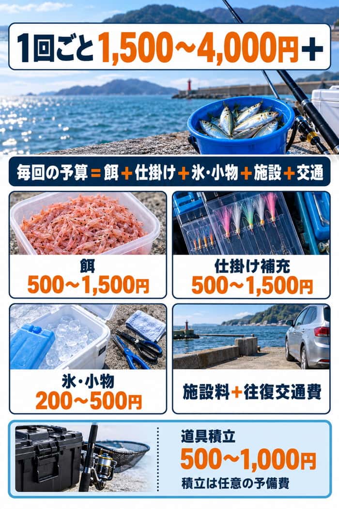 1回ごとの海釣り費用。餌、仕掛け、氷・小物に1,500~4,000円を見込み、施設料と往復交通費、任意の道具積立を分けて示す。