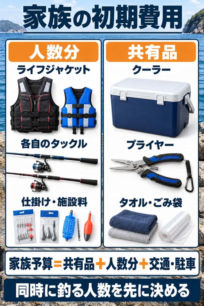 家族の初期費用の分け方。ライフジャケットや各自のタックルは人数分、クーラーやプライヤーは共有品として計算する。