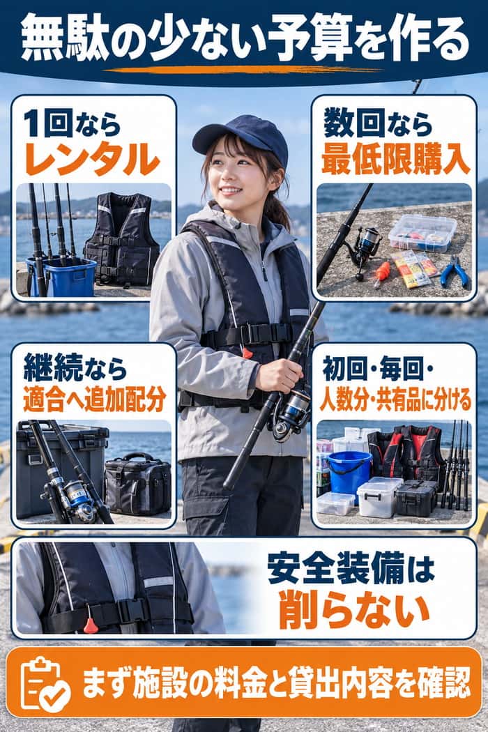 海釣り予算のまとめ。継続意向に応じて3プランを選び、費用を4区分に分け、安全装備と施設の最新情報を確認する要点を示す。