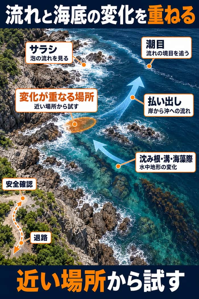 磯の俯瞰図。サラシ、潮目、払い出しと沈み根・溝・海藻際を重ね、安全確認後に近い場所から試す流れを示す。
