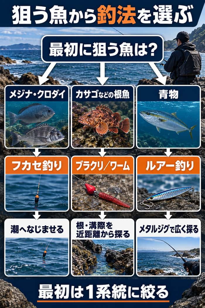 狙う魚から釣法を選ぶ分岐図。メジナ・クロダイ、根魚、青物に対応する釣法と探り方を示す。