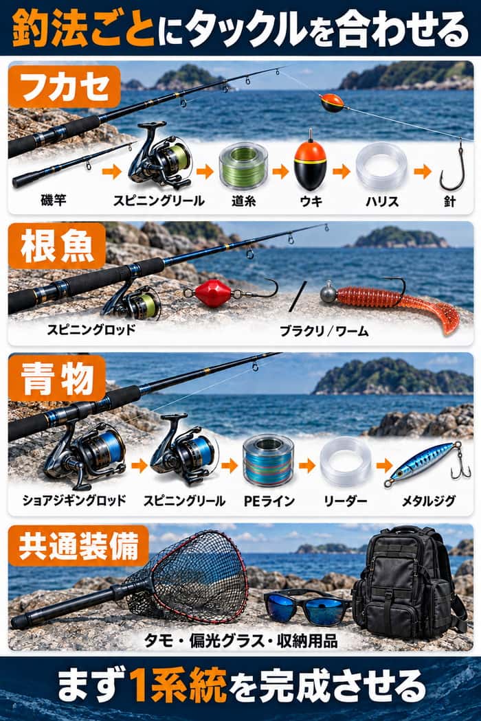 フカセ、根魚、青物の3系統について、ロッド・リール・ライン・仕掛けの組み合わせと共通装備を示す。