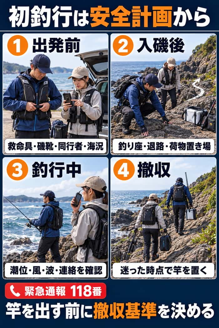 初釣行の安全行動を、出発前、入磯後、釣行中、撤収の順に示し、事前に撤収基準を決める重要性を伝える。