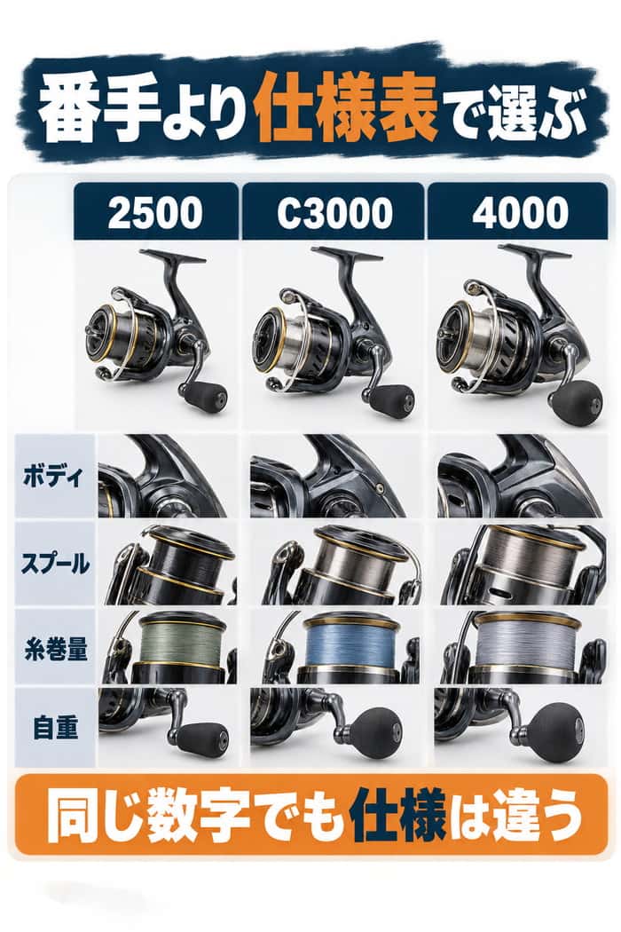 2500・C3000・4000のリールを並べ、ボディ、スプール、糸巻量、自重を同じ軸で比べる重要性を示す。