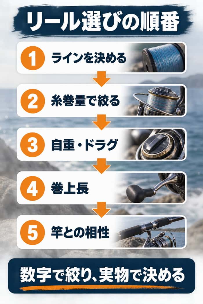 リール選びの手順。ライン、糸巻量、自重・ドラグ、巻上長、竿との相性の順に確認する流れを示す。