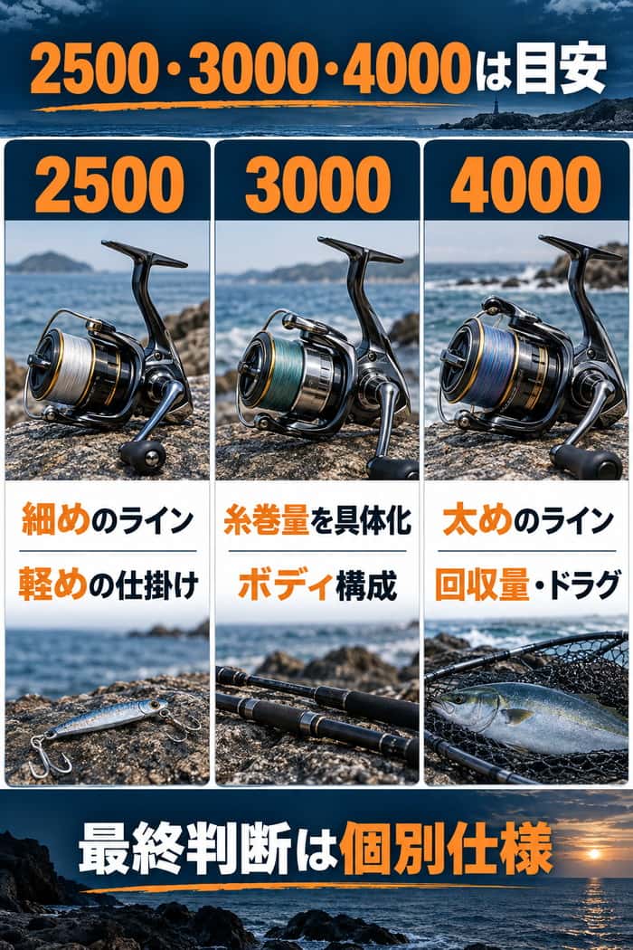 2500・3000・4000番級の比較。ラインの太さ、仕掛け、糸巻量、ボディ構成、回収量とドラグの確認点を示す。