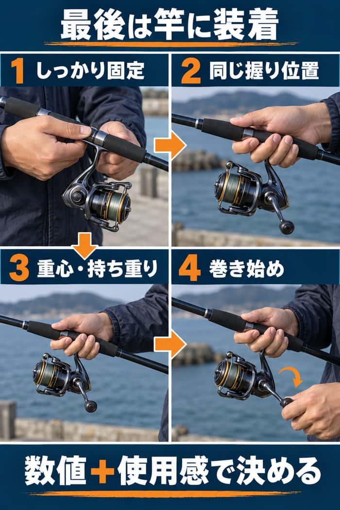 候補のリールを竿へ固定し、同じ握り位置で重心と持ち重り、巻き始めを順に確かめる手順を示す。