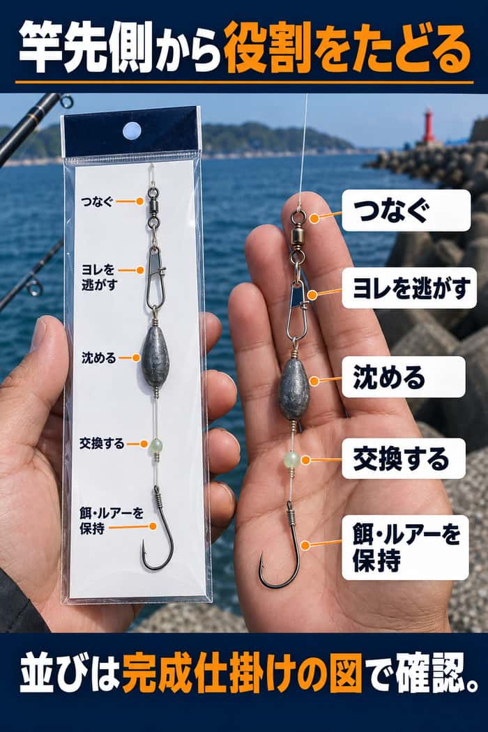 完成仕掛けの図と実物を竿先側からたどり、つなぐ、ヨレを逃がす、沈める、交換する、保持するの5役を示す。