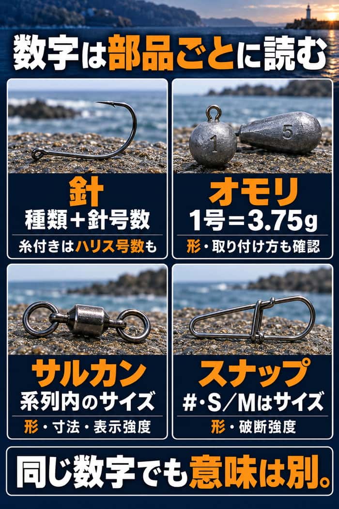針、オモリ、サルカン、スナップの比較。号数やサイズ記号が部品ごとに異なる意味を持つことを示す。