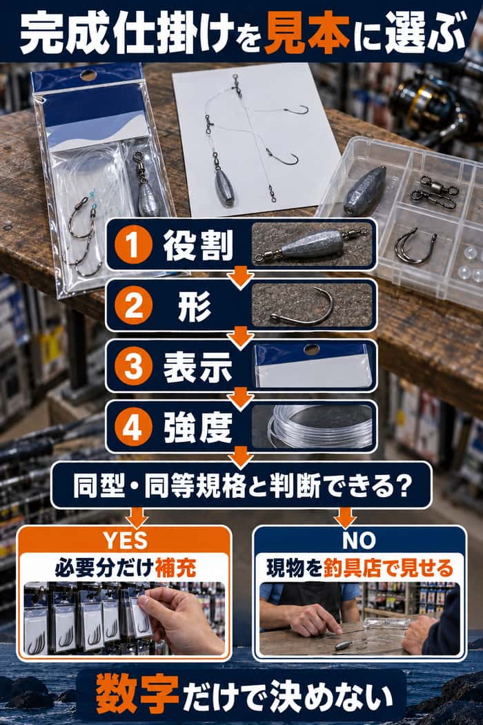 完成仕掛けを見本に交換小物を選ぶ流れ。役割、形、表示、強度の順で照合し、不明なら現物を店で見せる。
