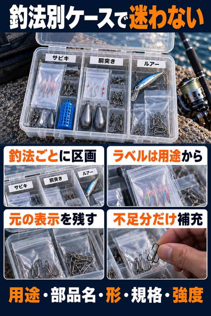 サビキ、胴突き、ルアー別に小物ケースを分け、用途から始まるラベルを残して不足分だけ補充する整理法を示す。