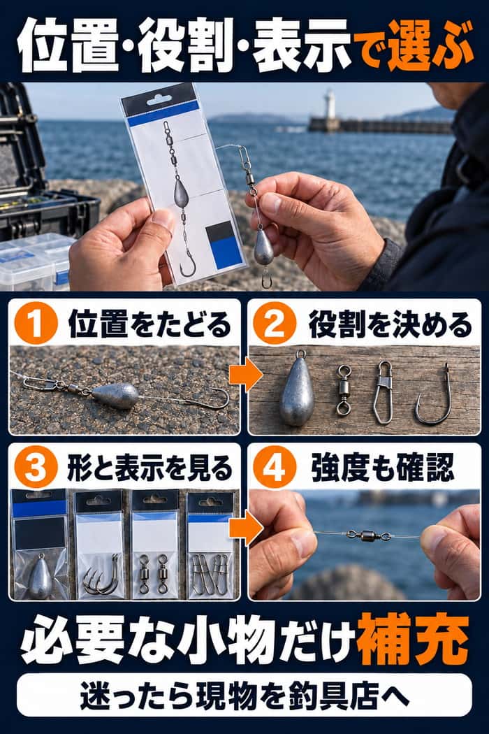 仕掛け小物を位置、役割、形と表示、強度の順に確認し、必要な物だけ補充する最終手順を示す。