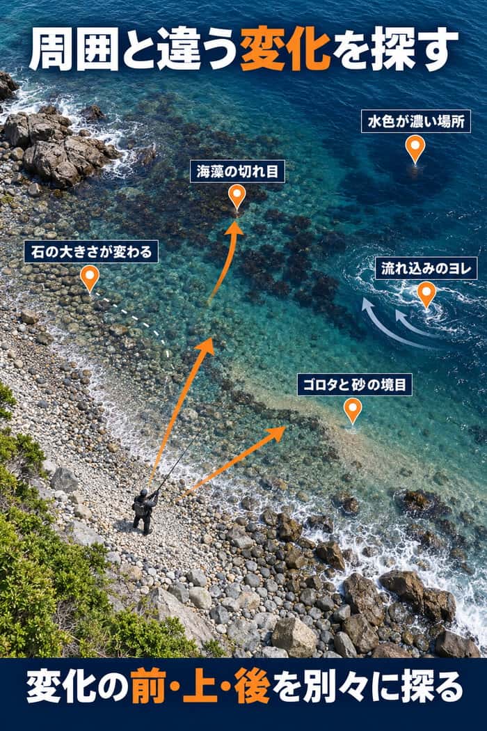 ゴロタ浜の俯瞰図。石の大きさ、砂との境目、海藻、水深、流れ込みの変化と、前・上・後を探る位置を示す。