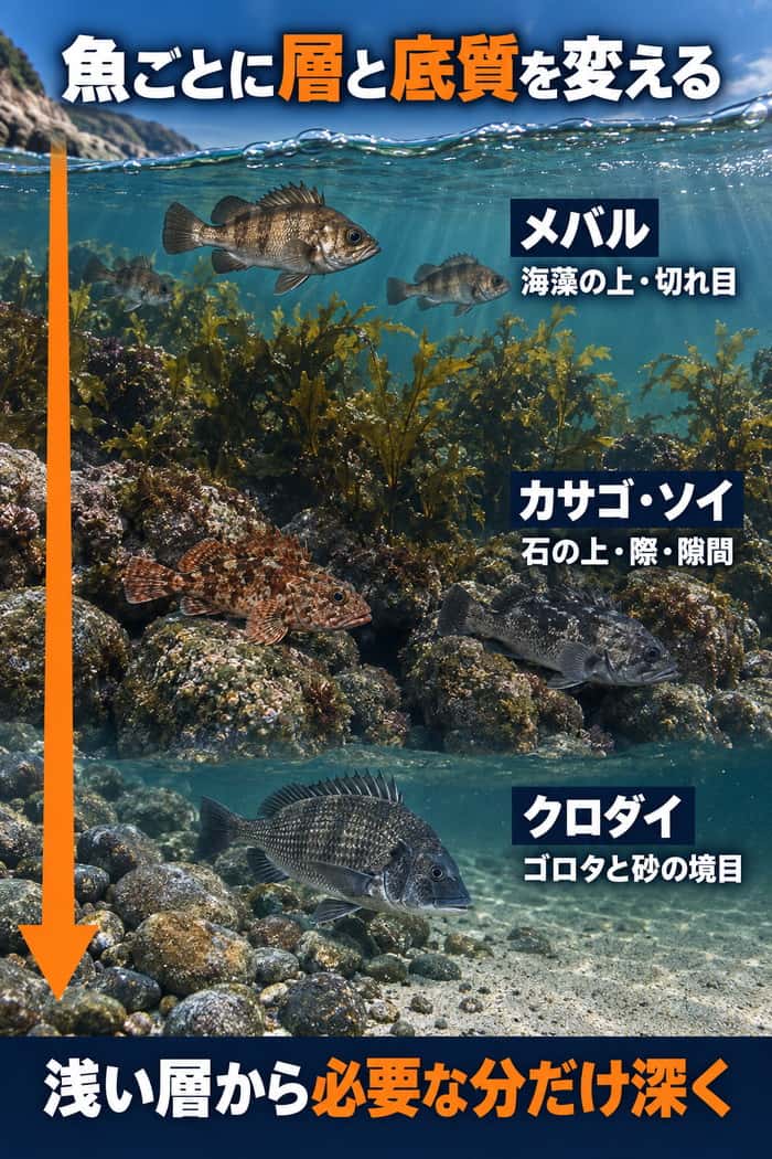 ゴロタ浜の水中断面図。メバルは海藻の上や切れ目、カサゴとソイは石周り、クロダイはゴロタと砂の境目を狙う関係を示す。