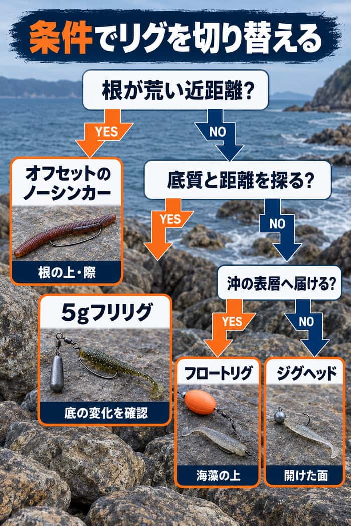 ゴロタ浜で使うリグの選択図。根の荒さ、底質を探る距離、沖の表層という条件から、4種類のリグを選ぶ流れを示す。
