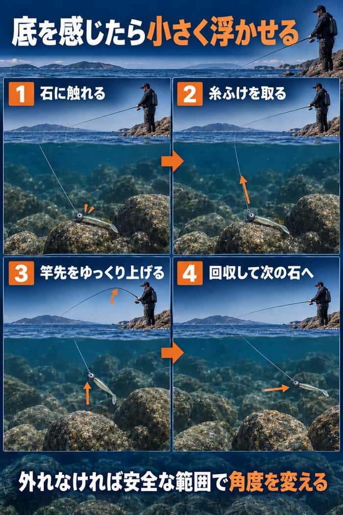 根掛かりを抑える操作手順。石に触れたら糸ふけを取り、竿先で小さく浮かせ、回収しながら次の石へ進める流れを示す。