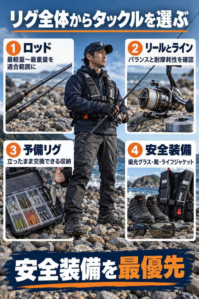 ゴロタ浜のタックルと装備。リグ全体に合うロッド、リールとライン、予備リグ、安全装備の4要点を示す。