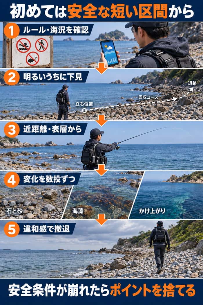 初めてゴロタ浜へ入る手順。ルールと海況の確認、明るい時間の下見、近距離からの探索、変化の確認、撤退までを示す。