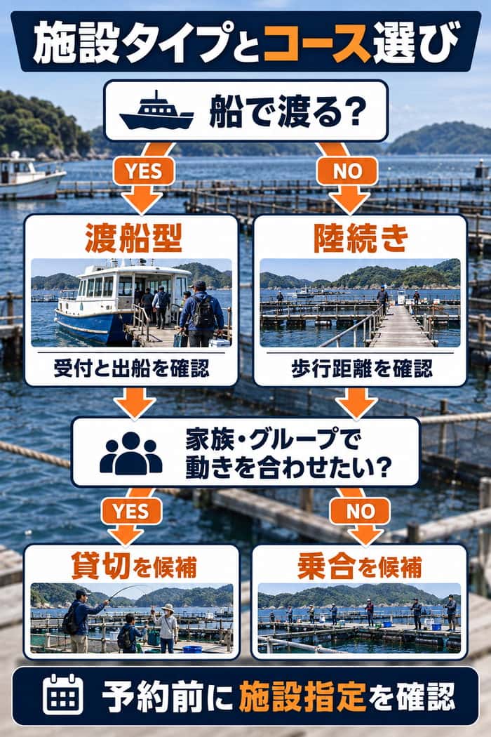 海上釣り堀の施設タイプとコースの選択図。渡船型と陸続き、貸切と乗合を移動方法や同行者に合わせて選ぶ流れを示す。