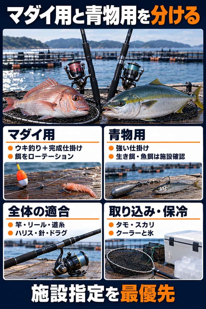 海上釣り堀の準備品の要約。マダイ用と青物用の仕掛けや餌を分け、全体の適合、タモ・スカリ・保冷用品を確認する。