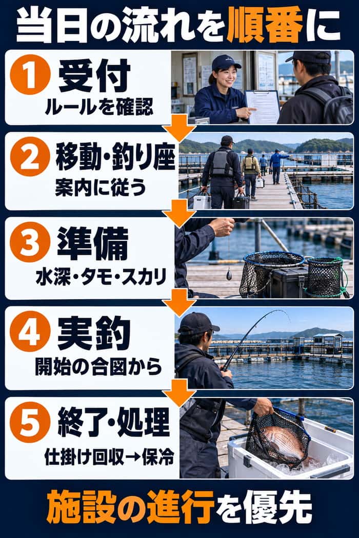 海上釣り堀の当日の流れ。受付、移動と釣り座、準備、実釣、終了と処理を施設の進行に合わせて順番に示す。