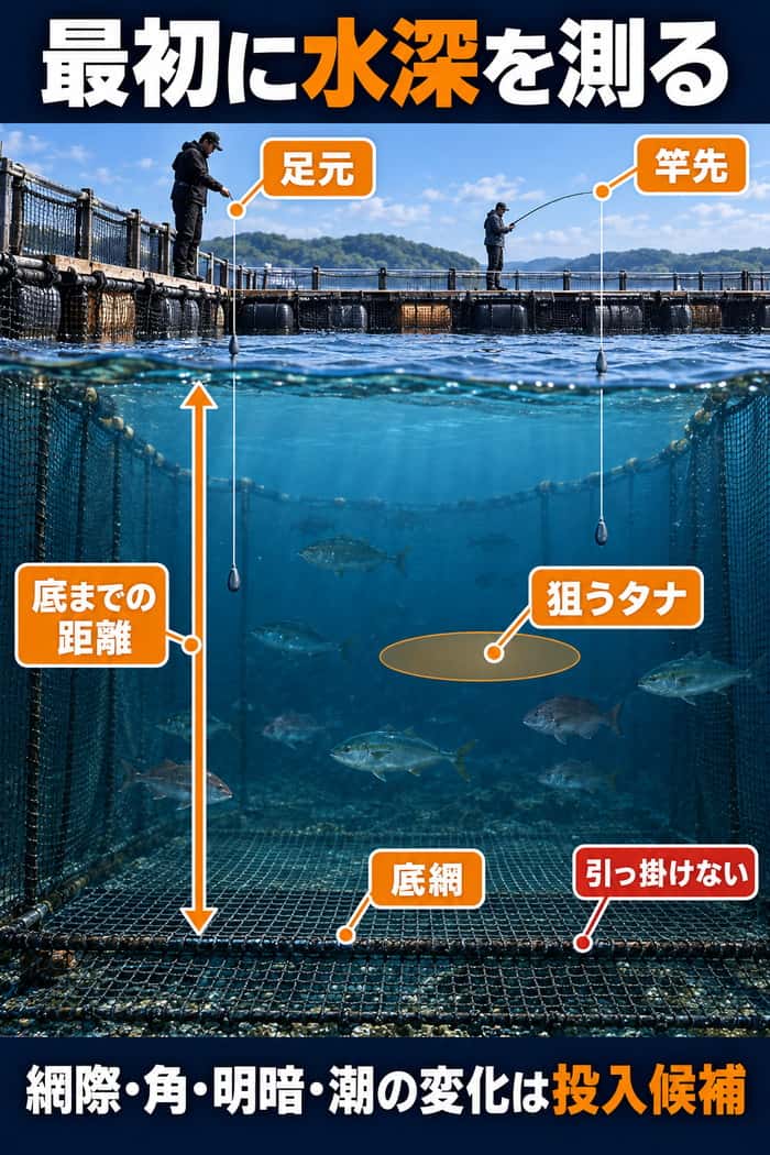海上生け簀の水中断面。足元と竿先で底までの距離を測り、底網を避けながら狙うタナを決める関係を示す。
