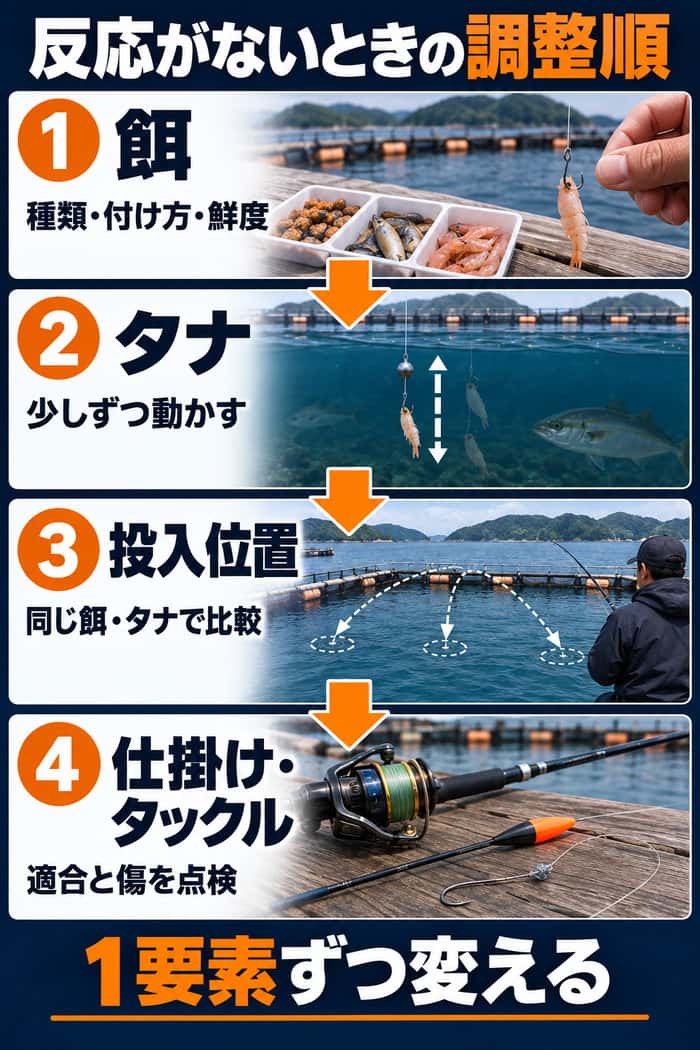 反応がないときの調整手順。餌、タナ、投入位置、仕掛け・タックルの順に、一度に一要素ずつ変える。