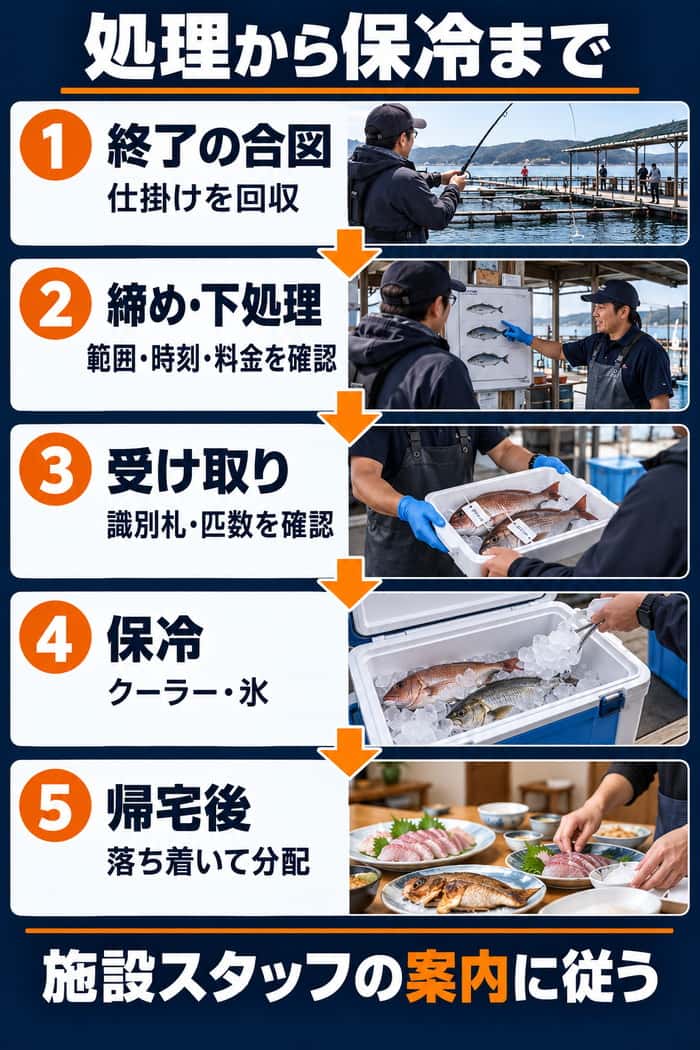 釣り終了後の魚の処理と保冷の流れ。仕掛け回収、処理内容の確認、受け取り、保冷、帰宅後の分配を順に示す。