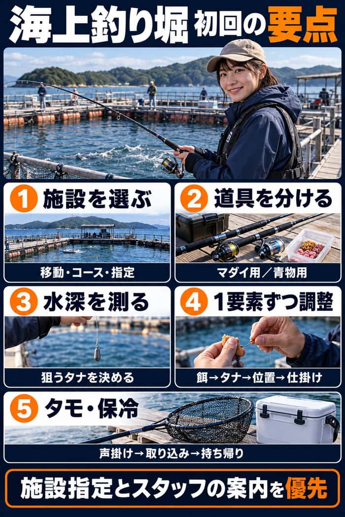 海上釣り堀初心者の要点。施設選び、道具の使い分け、水深確認、一要素ずつの調整、タモ取り込みと保冷をまとめる。