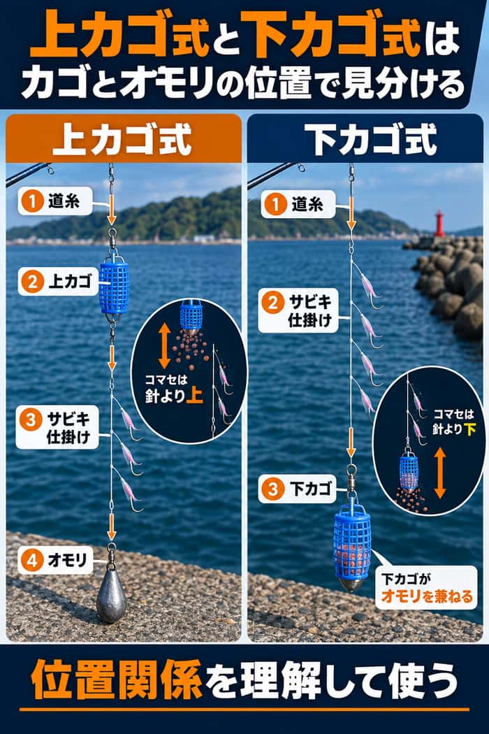 上カゴ式と下カゴ式の比較図。道糸からの接続順と、コマセが針より上か下か、下カゴがオモリを兼ねる点を示す。