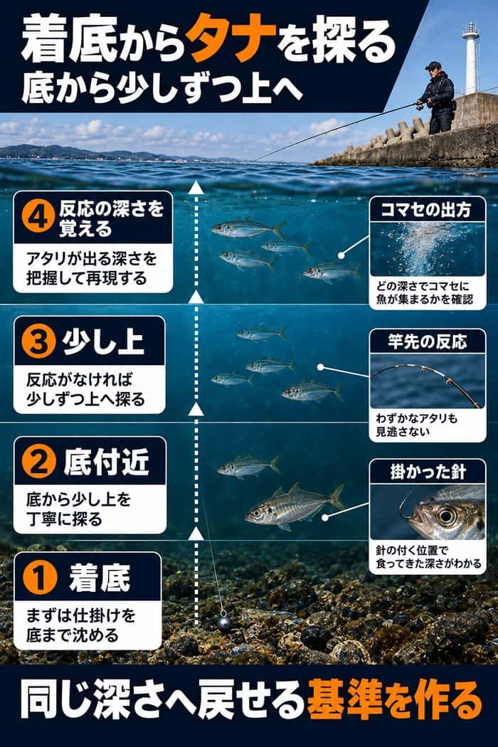 タナの探り方の深度図。着底を基準に底付近から少しずつ上へ探り、コマセの出方や竿先の反応、掛かった針で深さを再現する。