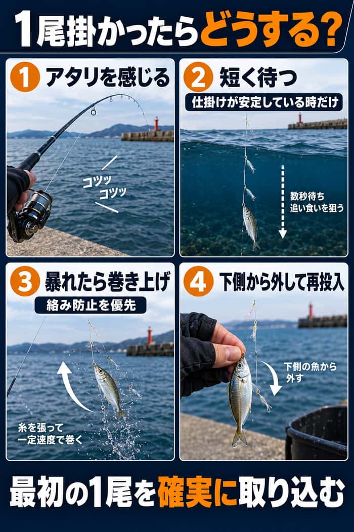 1尾掛かった後の手順図。アタリを感じたら短く待ち、暴れたら巻き上げ、下側の魚から外して同じタナへ再投入する。