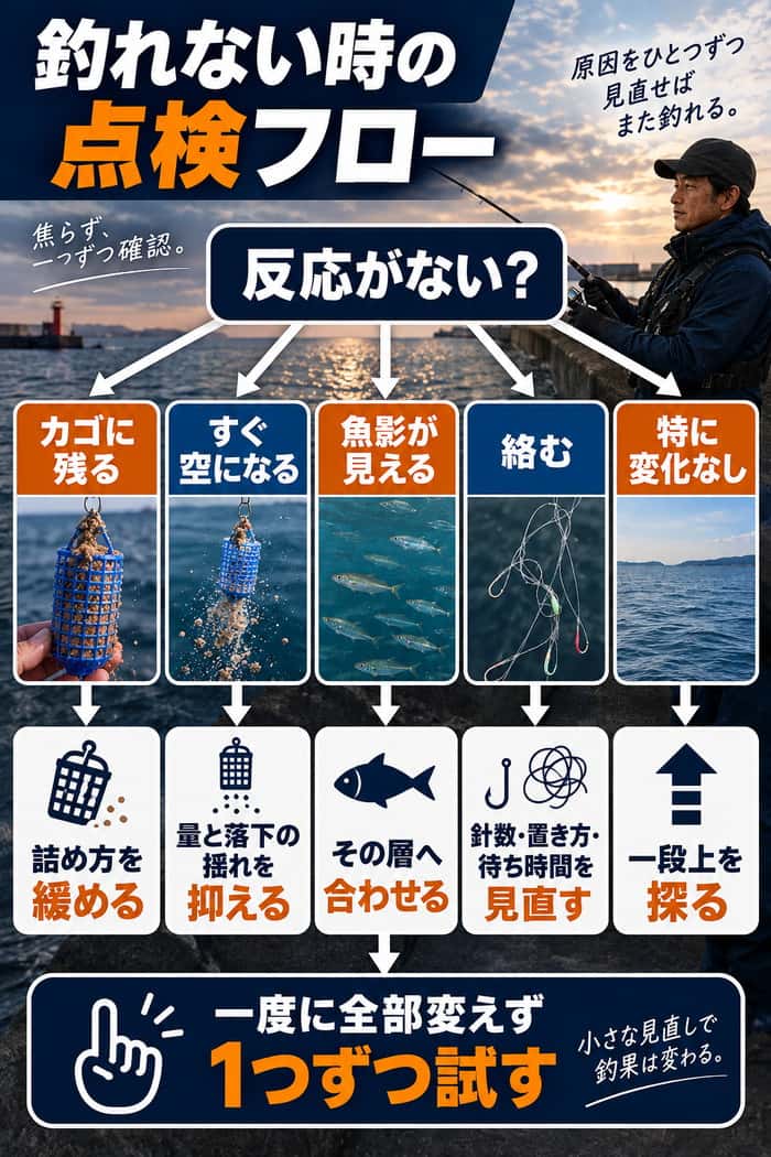 釣れない時の点検フロー。カゴに残る、すぐ空になる、魚影が見える、絡む、変化なしの各状況から次の調整方法を分岐で示す。
