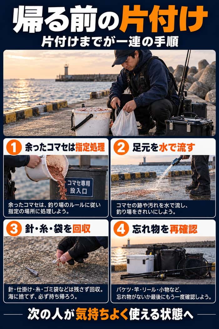 片付けの要点図。余ったコマセの指定処理、足元の洗浄、針や糸の回収、忘れ物の再確認を順に示す。