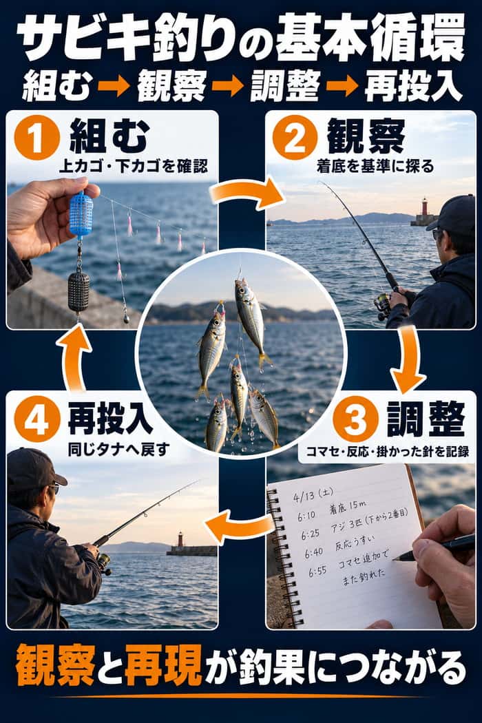 サビキ釣りの基本循環。組む、観察、調整、再投入の4段階を循環図で示し、反応のあったタナを再現する流れをまとめる。