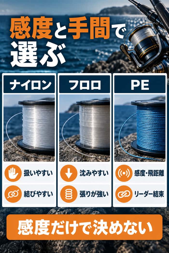 ナイロン・フロロ・PEの比較図。扱いやすさ、沈みやすさ、感度と飛距離に加え、それぞれに必要な手間を示す。