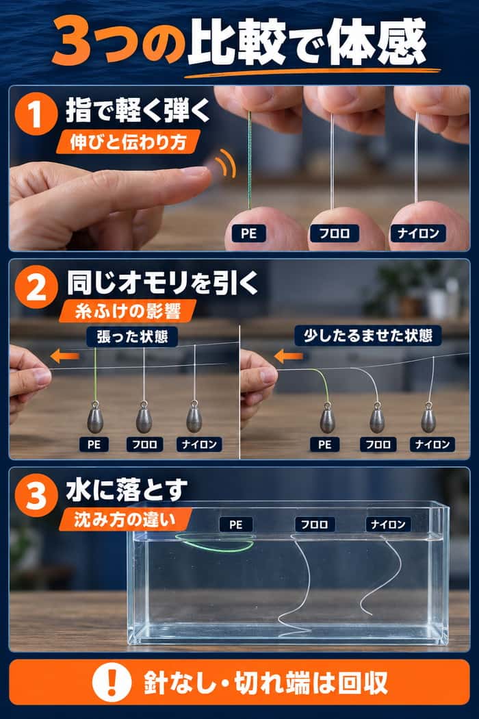 3素材の体感比較手順。ラインを軽く弾く、同じオモリを引く、水に落とす順で、伸び・糸ふけ・沈み方の差を示す。