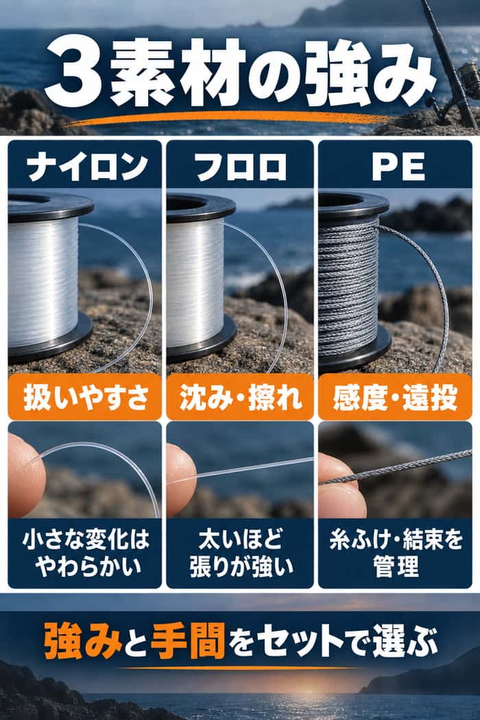 3素材の強みと注意点の比較。ナイロンは扱いやすさ、フロロは沈みと擦れ、PEは感度と遠投に強いことを示す。