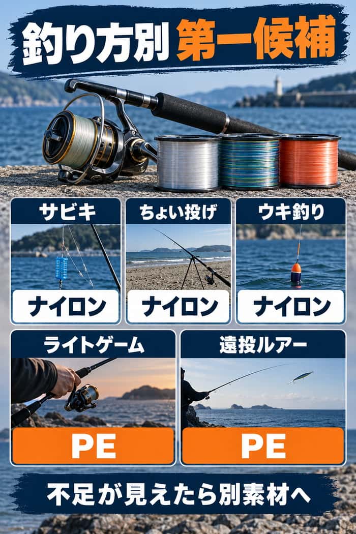 釣り方別の第一候補。サビキ・ちょい投げ・ウキ釣りはナイロン、ライトゲーム・遠投ルアーはPEを対応させる。