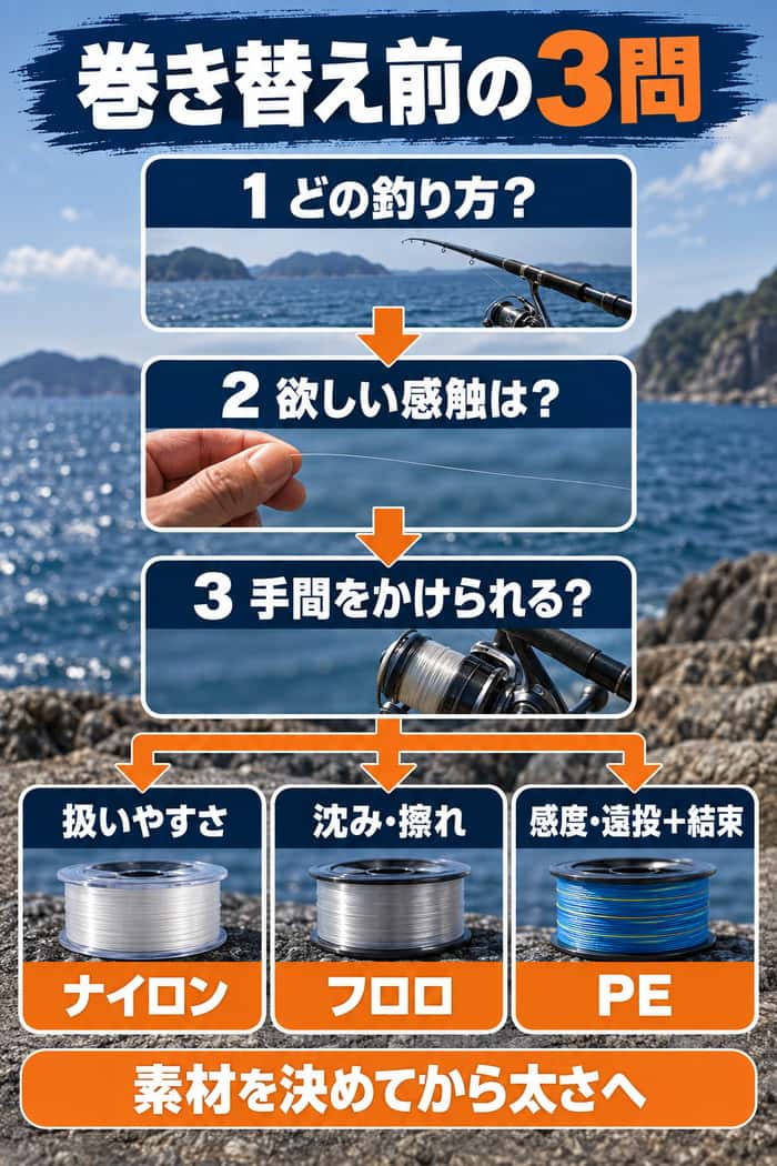 ライン素材の選択フロー。釣り方、欲しい感触、扱える手間の3問から、ナイロン・フロロ・PEへ分岐する。