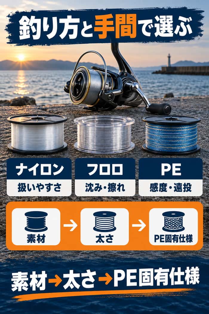 海釣りライン選びのまとめ。ナイロン、フロロ、PEの強みを比べ、素材、太さ、PE固有仕様の順で決める流れを示す。