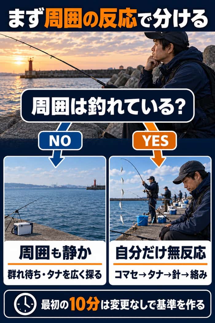 周囲が釣れているかで原因を切り分ける判断図。周囲も静かなら群れとタナ、自分だけ無反応なら仕掛け側を確認する流れを示す。