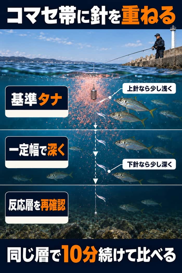 水中のコマセ帯とサビキ針を重ねるタナ調整図。基準タナから一定幅で深くし、掛かった針の位置を次の調整に使う流れを示す。