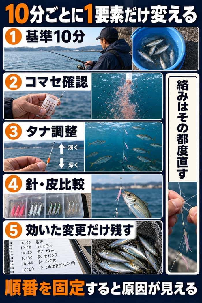10分ごとに1要素だけ変える検証手順。基準、コマセ、タナ、針・皮の順に試し、反応が増えた変更だけを残す。