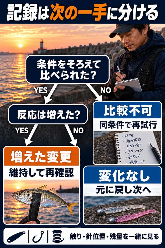 釣りの記録を次の判断へつなげる分岐図。条件を揃えて比較できたか、反応が増えたかで維持・戻す・再試行を分ける。