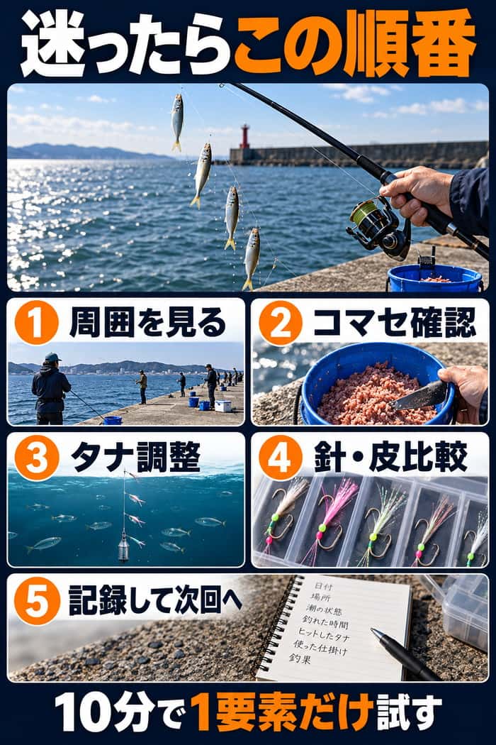サビキで釣れないときの確認順を5段階でまとめた図。周囲、コマセ、タナ、針・皮を確認し、記録して次回へつなげる。